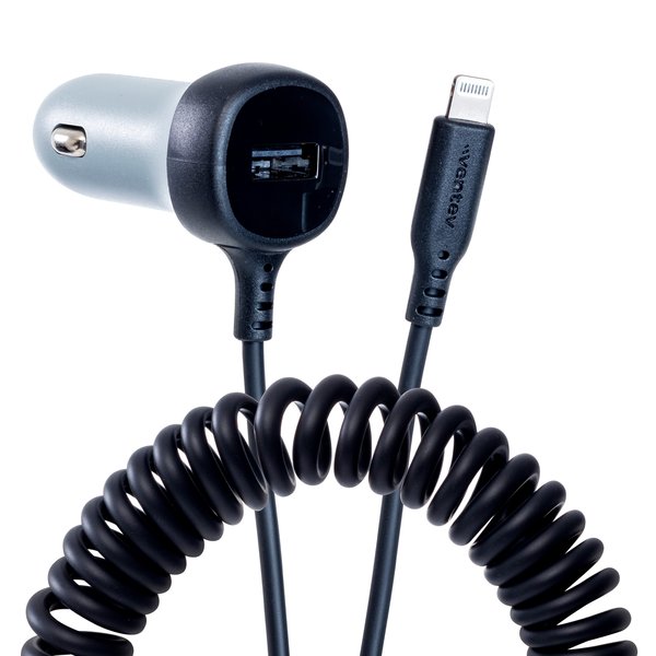 Ventev 12W USB A Car Charger with attached 15W Apple Lightning Cord, Dark Gray CC27-ACAPL257364